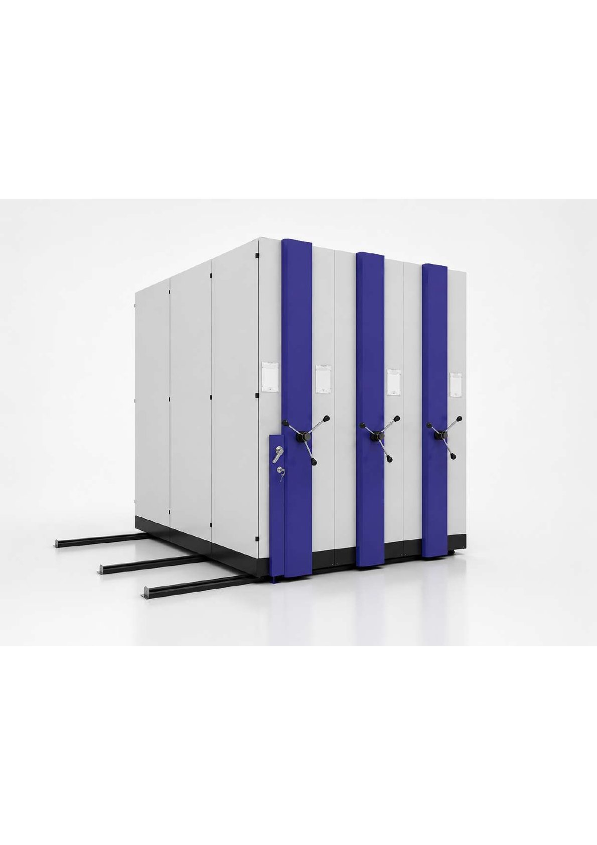 Three-bay mobile compactor storage system with handle-operated movable units manufactured by Smart Storage Creation