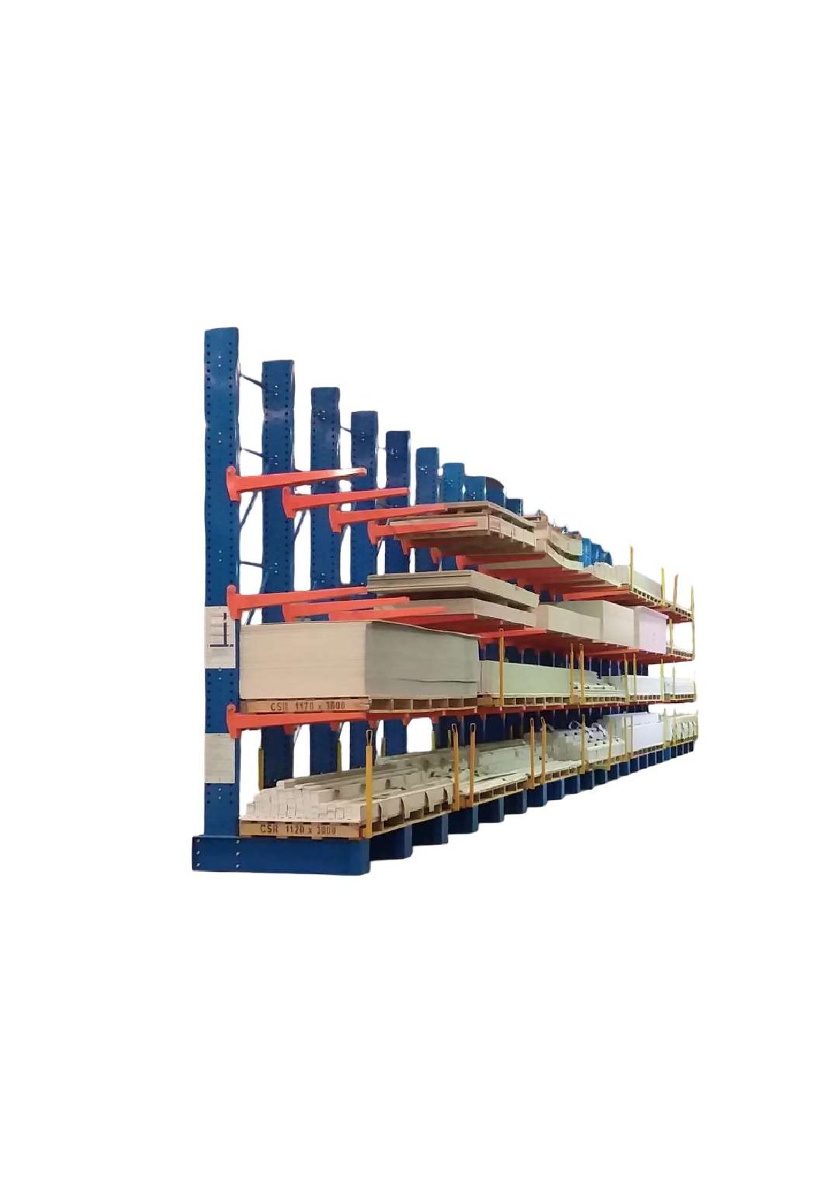 Cantilever rack storing pipes and long steel sections on adjustable arms, manufactured by Smart Storage Creation